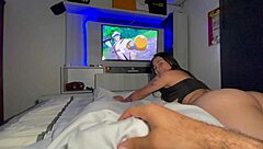 while watching anime, i give a deepthroat blowjob and then ride his ass in cowgirl position