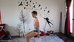 european brunette teaches yoga poses to friend