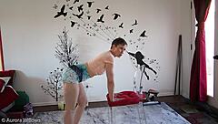 european brunette teaches yoga poses to friend