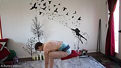 european brunette teaches yoga poses to friend