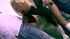 Slut blonde takes two holes from old men