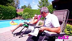 Inked Petite Brunette Fucked in Outdoor Pool Creampie