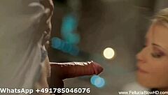 Beautiful blonde German woman performs detailed blowjob on big cock in amateur setting.