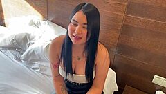 Beauty in miniskirt removes panties for masturbation.