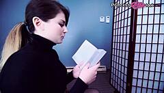 Clothed woman swallows cum after blowjob in stockings