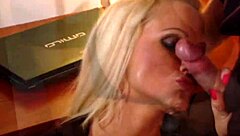 Sharon Pink, the blonde with big tits, rides a monster cock.