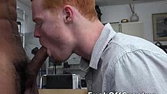 Redhead dude at work sucks huge black cock for cash 😏