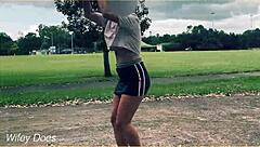 Public show of the braless housewife playing basketball