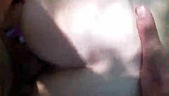 Cumshot on the tongue in a hot outdoor scene with a blonde in a ponytail