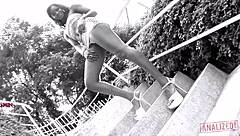 Horny ebony slut Jasmin takes double penetration and blowjob in analized scene.