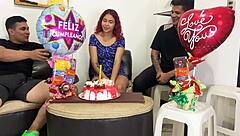 Latina milf stepmother receives anal from two cocks as birthday surprise.