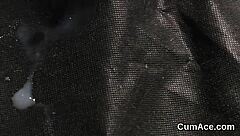 Feisty hottie gets cumshot on her face sucking all the load in bukkake blowbang facial