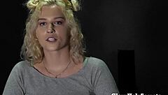 Long-Legged Blonde Drains Cum from Ten Hard Cocks