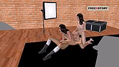 i watch three beautiful girls in animated lesbian threesome fucking in various positions including anal.