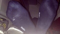 Gay fetish video with blue sweaty socks and barefeet with a happy ending