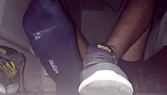 Gay fetish video with blue sweaty socks and barefeet with a happy ending