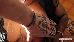 deepthroat with lots of saliva dripping on the submissive african woman's body in slow motion