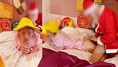 Naughty Christmas Couple Practices Pregnancy with Santa's Creampie in Small Pussy
