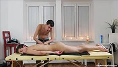 Horny gay twinks enjoy handjob and blowjob during massage