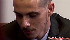 Young punk assfucks boss's hard cock in british office with tattoos