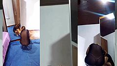 Black crossdresser in transparent dress, crystal panties, and ripped clothes