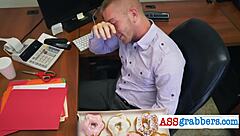 Gay hardcore sex in office after receiving the donuts of the day