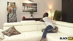 I watch the muscled bull with the blonde hottie in a black on white scene.