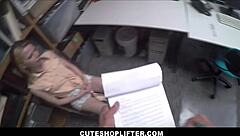 Cute teen Alina West caught stealing dildo, then fucked by security officer at work.