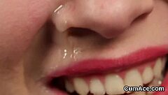 Unusual centerfold receives sperm load on face swallowing jizm