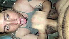 Blonde deepthroats in garage and gets cum on face