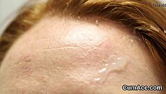 Unusual centerfold receives sperm load on face swallowing jizm