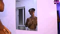 Shy black guy satisfies horny babe in bathroom sex