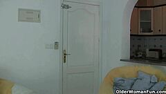 Granny with big tits teases solo in tight pantyhose