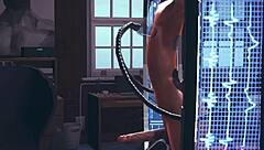Skinny shemale Ash gets creampied in a sex machine