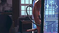 Skinny shemale Ash gets creampied in a sex machine