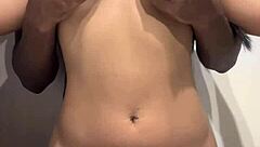 quick bathroom action while friends wait in living room with latina couple