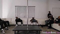 Skinny teen devours black cocks in intense blowbang session