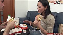 Busty brunette slut gets anal fucked with milk and food play