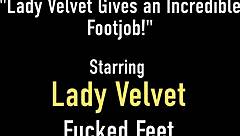 beautiful inked redhead lady velvet foot fucks lucky fetish pervert