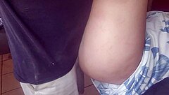 Amateur brunette has a quick kitchen fuck with close-up pussy shots