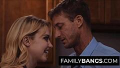 Sideways blowjob from a petite teen to her busy dad