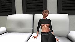 Neighbor interacts with blonde on couch in cartoon style