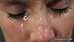 flirty centerfold gets jizz load on her face gulping all the charge!