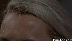 flirty centerfold gets jizz load on her face gulping all the charge!