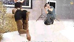 sexy brunette shows big fake boobs and ass for homemade camera