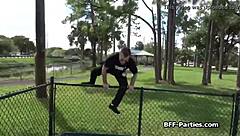 Busted coed best friends take care of the security guard's needs