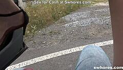 Neat petite girl outdoors fingering in panties for cash