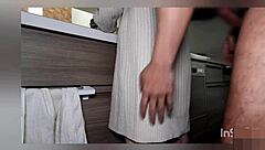 Japanese pervert small-breasted woman treated as onahole in standing back position