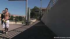 Handcuffed Blonde Sucks Dicks Outdoors