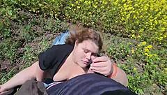 Chubby Cutie Gives Pov Outdoor Blowjob With Big Tits And Plays With Cum